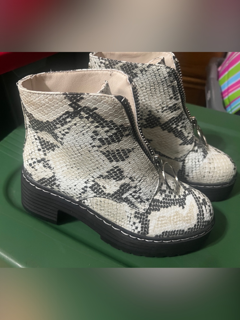 Seven7 Zoe Cream and Black Snakeskin Platform Ankle Booties